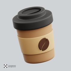 a coffee cup with a black lid and a brown cap is shown on a gray background