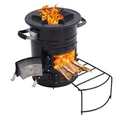 an outdoor wood burning stove with flames coming out of the top and side burners