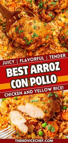 the best arroz con pollo recipe with chicken and yellow rice in it