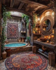 an ornate bathroom with a large rug on the floor and a jacuzzi tub