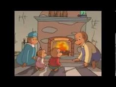 three cartoon characters are standing in front of a fire place and talking to each other