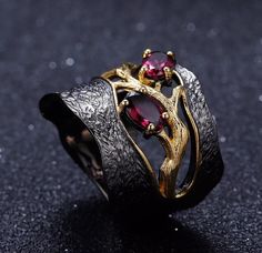 Garnet Ring Vintage, Rhodolite Garnet Ring, Wide Silver Ring, Red Garnet Ring, Garnet Crystal, Feather Ring, Retro Ring, Vintage Style Rings, Gothic Rings