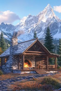 a log cabin sits in front of a mountain range with a fire place and picnic table