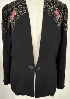 Rare Item Beautiful Black Crepe Lined Jacket 30s Elegant Jacket Embroidered with exquisite gold & pink thread in floral & abstract pattern front/back & sleeves  Stand out in the crowd in this stylish unique piece These original 30s Embroidered Jackets are becoming very difficult to find in good condition This is a perfect example of corneille embroidery of the era  A generous size with padded shoulders & front button fastening Slightly shaped to waist Fastens in the front with one button   In ex Floral Abstract Pattern, Embroidered Blazer, Pink Thread, Elegant Jacket, Evening Jacket, Floral Abstract, Evening Jackets, Embroidered Jacket, Line Jackets