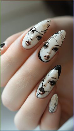 Give your nails a spooky twist with these Creepy Dolls designs! Perfect for a chilling Halloween vibe, this look is sure to send shivers down your spine. Click to see more and follow us for the best in frightfully fabulous nail art! #CreepyDolls #HalloweenNails #SpookyManicure #NailArt #FrighteningNails Scary Nails Halloween, Scary Nails Designs, Sleepy Hollow Nails, Halloween Nails Unique, Spooky Nail Designs Ideas For Halloween, Haunted Nails, Scary Nail Designs, Creepy Nail Designs, Nail Halloween Designs