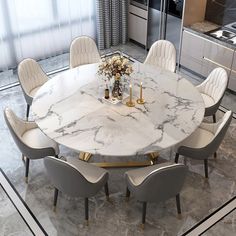 a white marble dining table surrounded by chairs