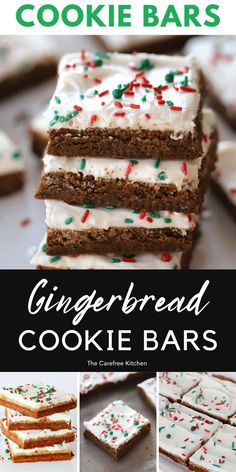 gingerbread cookie bars with white frosting and sprinkles