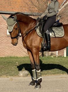 a woman riding on the back of a brown horse next to a brick building and green grass