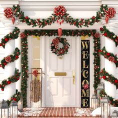 the front door is decorated for christmas with poinsettis and wreaths