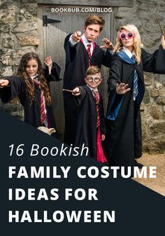 kids dressed up in harry potter costumes with text overlay that reads, 16 bookshelf family costume ideas for halloween