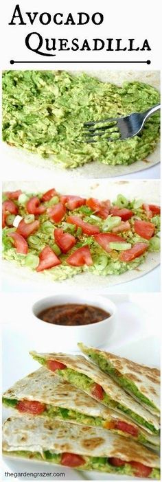 avocado quesadilla with tomatoes and lettuce on top is shown