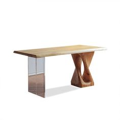 a wooden table with a glass base on it's legs and a white background