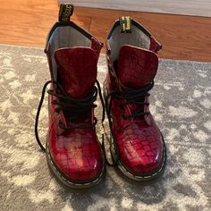 These Boots Where Never Worn As I Got Them And They Were To Small. Deep Red A Rare Find Red Boots With Rubber Sole And Flat Heel, Synthetic Boots With Red Sole And Round Toe, Red Synthetic Lace-up Boots, Casual Boots With Red Sole In Synthetic Material, Casual Boots With Red Sole, Burgundy Lace-up Boots With Red Sole, Red High-top Synthetic Boots, Casual Red Boots With Flat Heel, Casual Red Flat Heel Boots