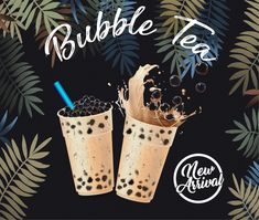 two glasses filled with bubble tea and blackberries on top of a leafy background