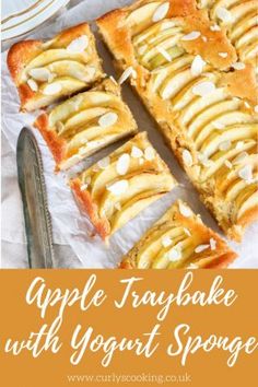 apple tray bake with yogurt sponges on top and text overlay that reads, apple tray bake with yogurt sponge