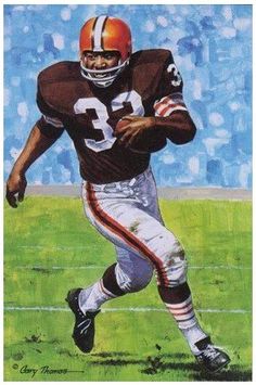 a painting of a football player running with the ball in his hand and wearing an orange helmet