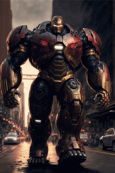 an image of a giant robot standing in the middle of a street with cars behind it