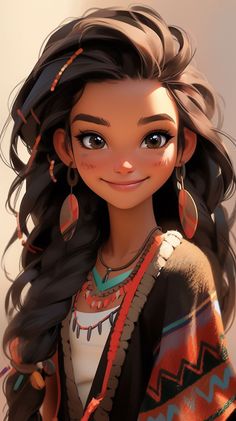 a cartoon girl with long hair and earrings on her head, wearing an ethnic outfit