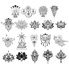 an assortment of lotus tattoo designs