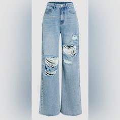 High Waisted Ripped Stretch Jeans. Wide Leg. Unfinished Hem. Very Comfortable. New. Never Worn. Wide Leg Jeans Ripped, Wide Leg Ripped Jeans, Ripped Wide Leg Jeans, Bell Bottom Jeans Outfit, Preppy Pants, Cute Bottoms, Simple Outfits For School, High Waisted Distressed Jeans, Christmas Dreaming