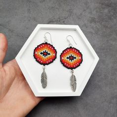 a hand holding a pair of earrings with bead designs on it, in front of a white hexagonal box