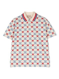 red/white/blue stretch-cotton piqué weave all-over signature Double G logo embroidered polo collar stripe detailing short sleeves straight hem front button placket Double G Logo, Embroidered Polo Shirts, G Logo, Gucci Kids, Polo Shirt White, Boys Top, Polo Collar, Red White Blue, Button Placket