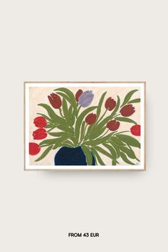 a painting with red and purple flowers in a blue vase on a white background that reads from 23 eur