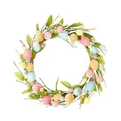 an easter wreath with pastel eggs and green leaves