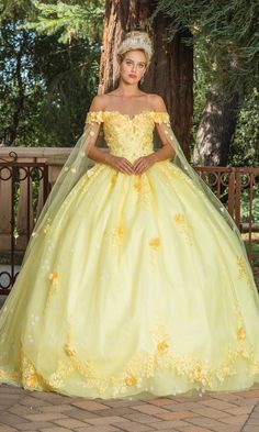 Yellow a-line quinceanera ball gown with off the shoulder straps, sweetheart neckline and bow. Quinceanera Dresses Yellow, Yellow Ballgown, Yellow Quinceanera Dress, Wolf Cuts, Quinceanera Themes Dresses, Yellow Wedding Dress, Sheer Cape, Magical Dress, Long Cape