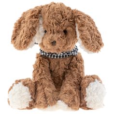 a brown stuffed dog sitting on top of a white floor next to a black and white checkered collar