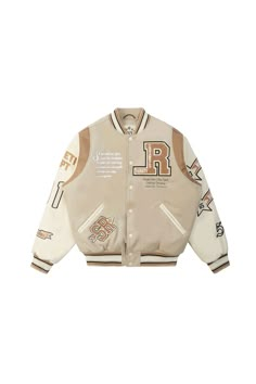 Details Fit: Regular Color: Clay Material: 50% Wool Melton / 50% Polyester Style: WW23697EC Beige Varsity Jacket, Senior Jackets, Varsity Jacket Outfit, Clay Material, Nike Tracksuit, Adidas Tracksuit, Varsity Jackets, Letterman Jacket, Stylish Jackets