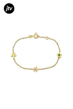 This Children's 14K Yellow Gold Multi-Color Enamel Star Station Link Bracelet is a whimsical and colorful accessory for any young child. Crafted from durable 14K yellow gold, it features a series of star-shaped stations adorned with vibrant enamel in multiple colors. The bracelet measures 5 inches with an additional 0.5-inch extender, ensuring a comfortable and adjustable fit as they grow. Perfect for adding a playful touch to everyday outfits or special occasions, this bracelet makes a delightf Playful Multicolor Jewelry With Star Charm, Playful Multicolor Star-shaped Jewelry, Colorful Accessories, Star Shape, Link Bracelets, Bracelet Making, Everyday Outfits, Multi Color, Yellow Gold