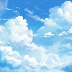 the sky is filled with clouds and birds