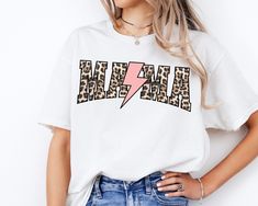 Trendy Leopard Print Graphic T-shirt, Trendy Leopard Print T-shirt With Letter Print, Lightning Bolt, Mama Shirt, Cheetah Print, Etsy App, Mom Life, Printed Items, Leopard Print