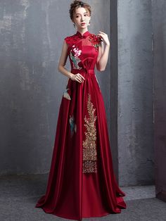 Red A-Line Floor Length Qipao / Cheongsam Wedding Dress with Embroidery - CozyLadyWear Sangjit Dress, Wedding Dress With Embroidery, Cheongsam Wedding Dress, Cheongsam Wedding, Floral Evening Gown, Qipao Wedding, Chinese Wedding Dress, Asian Wedding Dress, Qipao Cheongsam