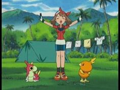 a woman standing in front of a tent next to two pokemons and a bird