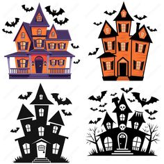 three halloween houses with bats flying over them