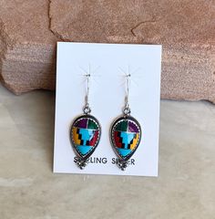 "Vibrant, Southwestern, and versatile Multicolor Inlay dangle earrings that are handcrafted by me! These earrings are comfortable and lightweight, making it ideal for everyday wear. They add a pop of color and a Southwestern vibe, making it a must have addition to your outfit! The earrings consist of an array of different stones. All findings are 925 sterling silver. Measurements: 1 1/2\" long with a 10x15mm Genuine Multicolor Inlay stone. The earrings are dangle earrings with an ear wire. Handc Southwestern Multicolor Teardrop Earrings, Multicolor Nickel-free Southwestern Earrings, Multicolor Southwestern Nickel-free Earrings, Multicolor Southwestern Style Drop Earrings, Southwestern Multicolor Drop Earrings, Southwestern Style Multicolor Drop Earrings, Rose Quartz Earrings, Silver Dangle Earrings, Sterling Silver Dangle Earrings