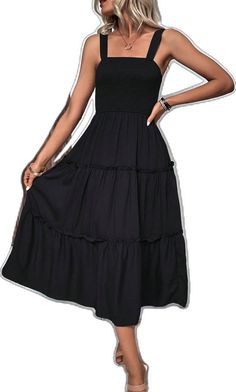 Black Tiered Maxi Sundress, Black Short Sleeve Ruched Dress, Black Ruched Dress With Short Sleeves, Black Ruffled Midi Dress For Beach, Black Tiered Maxi Dress For Beach, Black Tiered Ruched Dress, Black Tiered Maxi Dress For Summer, Black Tiered Midi Dress For Beach, Black Ruched Tiered Dress