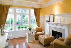 a living room filled with furniture and a fire place in front of a large window