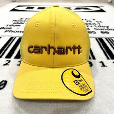 Carhartt Dunmore Sundance Washed Canvas Structured Snapback Mesh Hat Cap New. Brand-New. Banana Yellow Colorway. Brown Carhartt Logo. Structured High Profile Design. Embroidered Lettering On Crown. Pre-Curved Bill. Mesh Middle/Back Panels. Osfm Adjustable Snapback Closure. Brand Label Sewn On Back. Unisex. Fb Bensurbanbargain Embroidered Lettering, Carhartt Logo, Banana Yellow, Men Carhartt, Mesh Hat, Brand Label, Profile Design, Yellow And Brown, Hat Cap