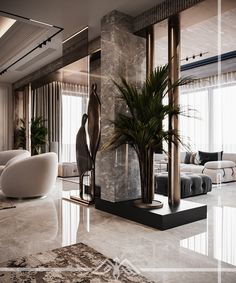 an elegant living room with marble floors and walls