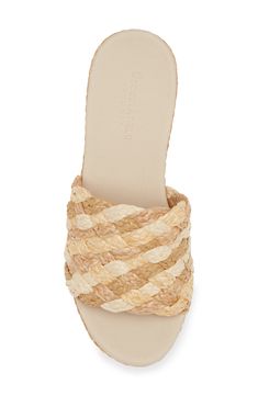 Woven raffia keeps your summery look chic in a classic slide sandal set on a platform wedge. 2 3/4" heel, 1 3/4" platform; 1" slope (size 8.5) Cushioned footbed Textile upper/leather lining/rubber sole Imported Natural Wedge Sandals With Woven Sole For Summer, Natural Color Open Toe Platform Espadrilles, Natural Open Toe Platform Espadrilles, Beach Mules With Cushioned Footbed And Wedge Heel, Cushioned Wedge Heel Mules For The Beach, Beach Wedge Heel Mules With Cushioned Footbed, Beach Platform Slide Mules, Beach Slide Mules With Platform, Beach Slide Platform Mules