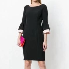 Lauren Ralph Lauren Sheath Dress Bell Sleeves Zipper Closure In Back Lined Size: 10 Color: Black & Pink 97% Polyester, 3% Elastane Underarm To Underarm 18” Length 39” New With Tags Retail $135 Black Career Dresses For Spring, Elegant Pink Shift Midi Dress, Dress Bell Sleeves, Ralph Lauren Dresses, Bell Sleeve, Lauren Ralph Lauren, Sheath Dress, Bell Sleeves, Black Pink