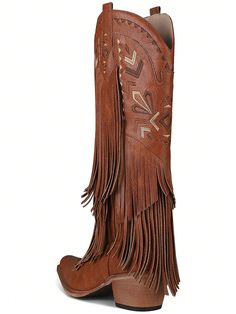 Experience the perfect blend of style and durability with our Vintage Western Fringe Cowgirl Boots. Made for women, these boots feature a stylish vintage design and sturdy construction, ensuring long-lasting wear. Elevate your western look with these timeless boots. Color : Brown Closure Type : Slip on Insole Material : Fabric Outsole Material : Rubber Bohemian Boots For Ranch In Fall, Country Style Wide Calf Boots With Round Toe, Bohemian Boots For Rodeo In Fall, Bohemian Rodeo Boots For Fall, Fall Rodeo Brown Mid-calf Boots, Knee-high Boots For Ranch In Winter, Knee-high Boots For Ranch In Fall, Knee-high Boots For Fall Ranch, Bohemian Rodeo Fall Boots