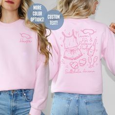 Make your next girls' trip, bachelorette party, or birthday celebration extra special with this custom pjs and prosecco sweatshirt. It's the perfect personalized gift or party favor! Personalization:  All text on the shirt can be customized. Input your requests in the personalization box. A proof will be sent within 24 hours of ordering for approval prior to printing.  Sweatshirt Details: Unisex crewneck sweatshirt with a relaxed fit. Made of a medium-heavy fabric blend of 50% cotton / 50% polye Pink Graphic Print Top For Pajama Party, Relaxed Fit Crew Neck Top For Pajama Party, Pink Crew Neck Sleepwear With Graphic Print, Pink Graphic Print Crew Neck Sleepwear, Cute Crew Neck Tops For Pajama Party, Pink Crew Neck Top For Pajama Party, Long Sleeve Letter Print Tops For Pajama Party, Long Sleeve Tops With Letter Print For Pajama Party, Customizable Crew Neck Tops For Bachelorette Party