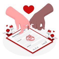 two hands touching each other over a marriage certificate with hearts and flowers on the table