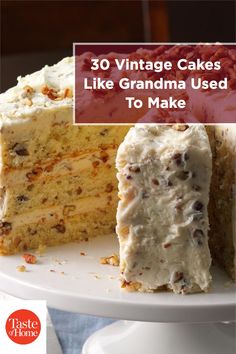 a cake with white frosting and sprinkles on it is shown in front of the words 30 vintage cakes like grandma used to make