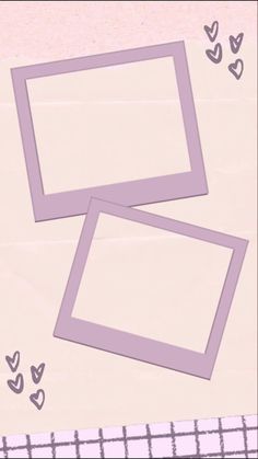 two purple frames sitting on top of a table next to each other with hearts around them