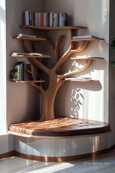 a wooden tree shelf in the corner of a room with bookshelves on it